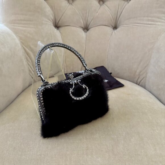 VTG Auth CLARA KASAVINA Genuine Mink Fur & Swarovski Crystal Minaudiere Bag - Picture 3 of 8